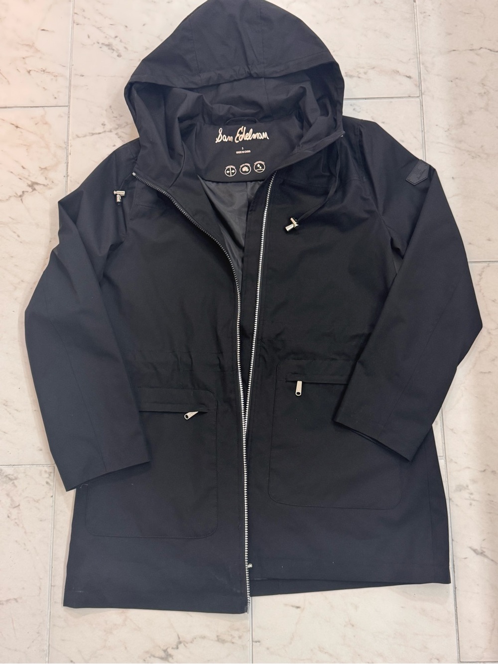 Sam Edelman Black Hooded Utility Rain Jacket Coat lightweight Size Smalll